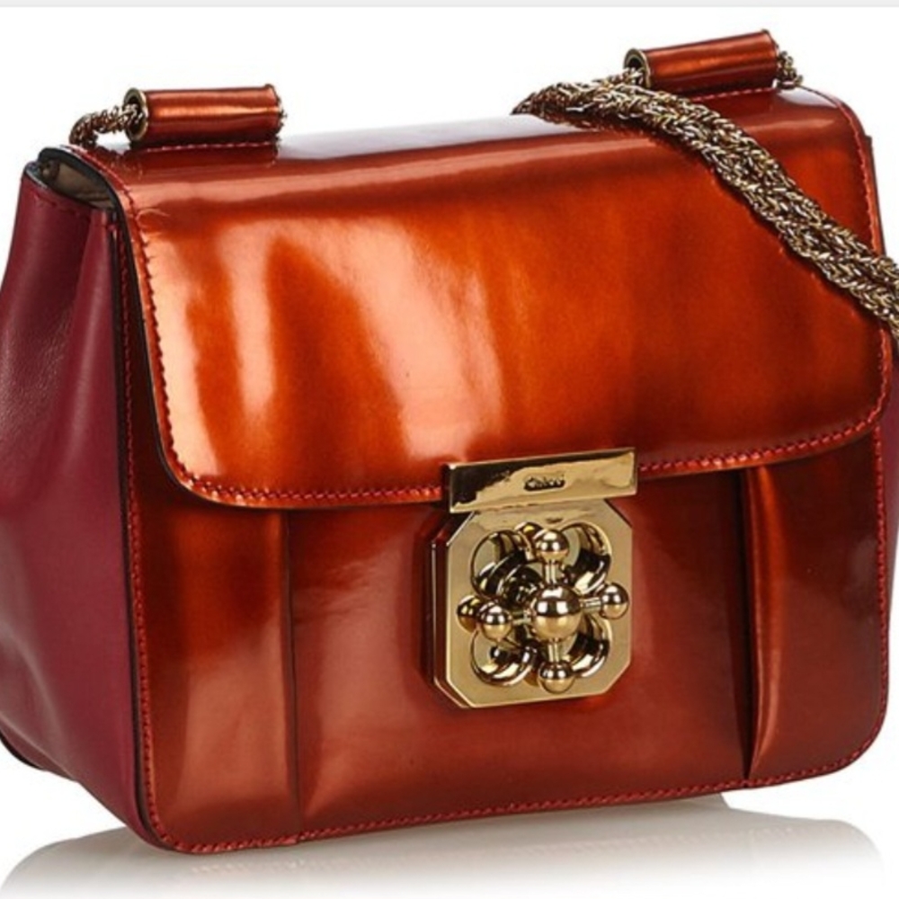Chloe Elsie Red Shoulder Bag with Gold Clasp and Chain Strap